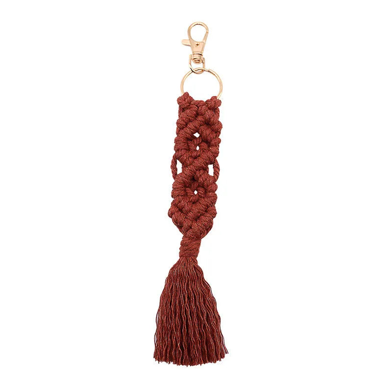 Hand-woven cotton tassel key chain in eight colours including brick red and rose pink for car keys and bag ornaments