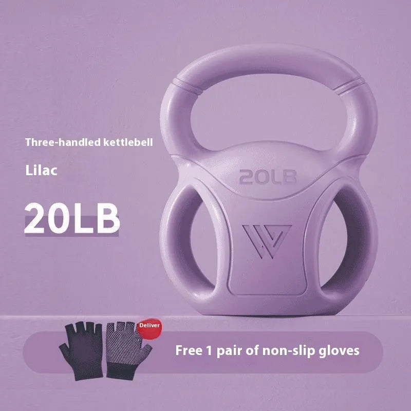 Colourful kettlebells in pink, lavender, and dark green with different weight options for home fitness