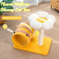 Yellow bee-shaped cat climbing frame with sisal scratching posts and a fabric tunnel.
