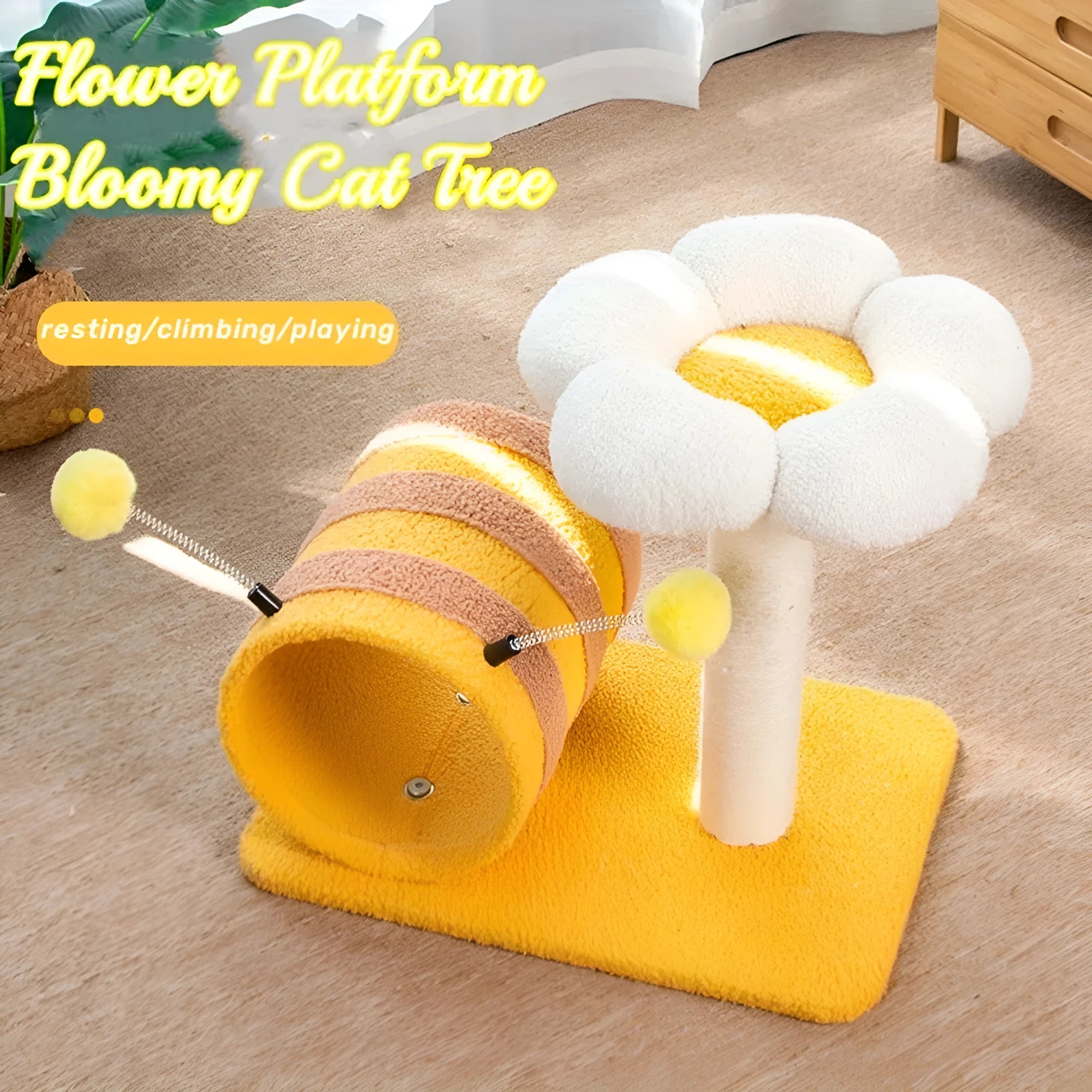 Yellow bee-shaped cat climbing frame with sisal scratching posts and a fabric tunnel.