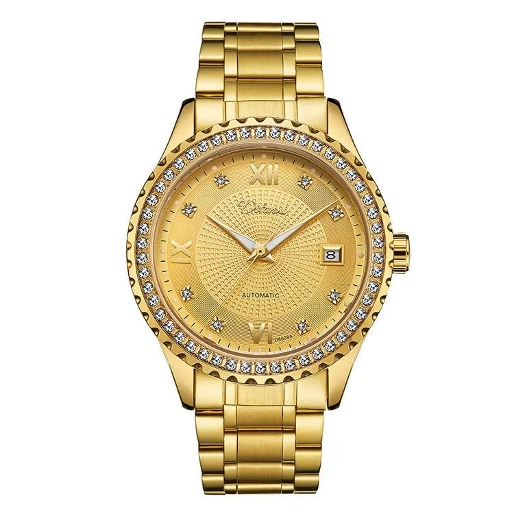 Men's gold or silver automatic mechanical watch with luminous hands, waterproof design, and black or white dial.