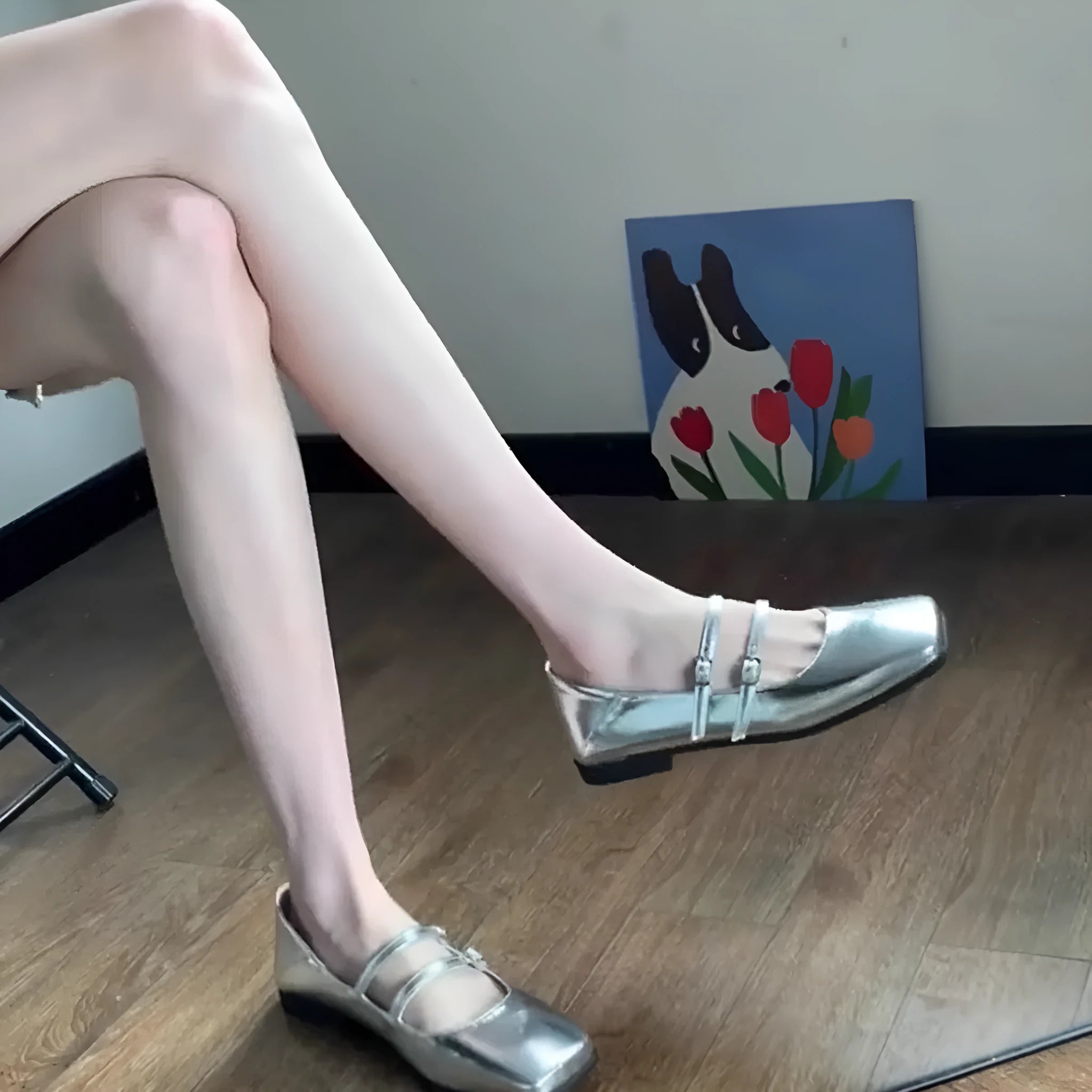 Silver women's Mary Jane ballet slippers with cross buckle strap on genuine leather upper
