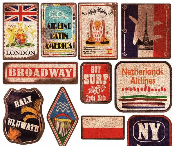 Set of 36 large retro-themed beach and surfing stickers on a sheet, ranging from 6 to 10 cm in size.