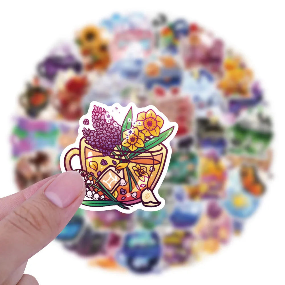 Colourful tea cup graffiti design waterproof stickers, 50-piece pack for scooter and luggage decoration.