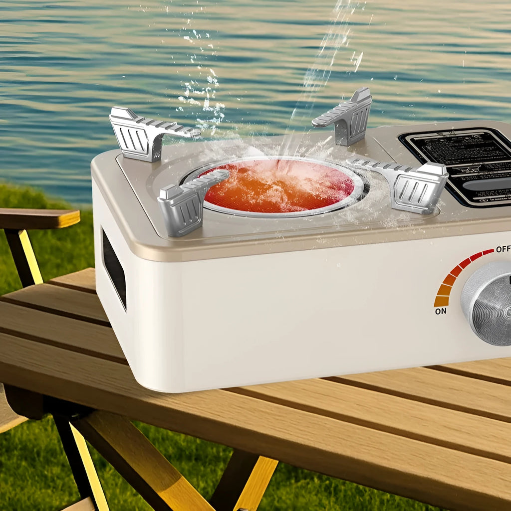 White portable gas stove with stainless steel construction for outdoor cooking