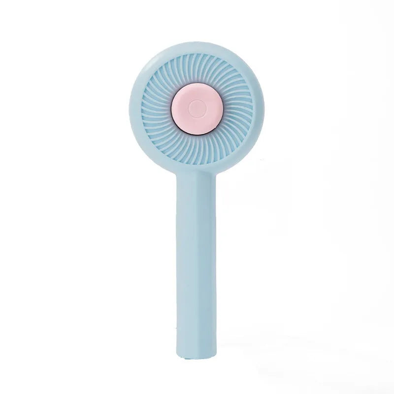 Blue pet grooming brush with self-cleaning button and angled wire needles for cats and dogs