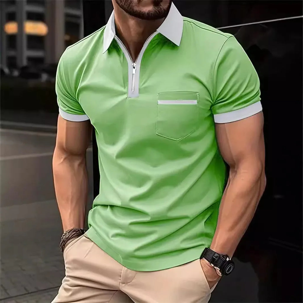Men's loose fit short sleeve casual shirt with chest pocket and decorative zip details in colour combination options