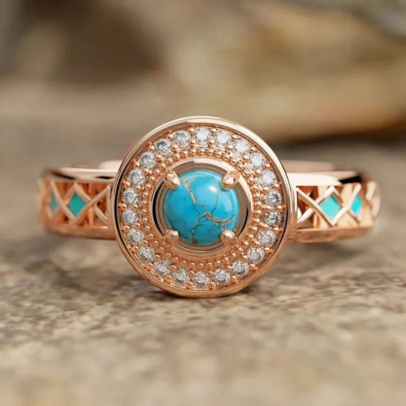 Women's turquoise ethnic style ring with geometric quadrangle design in rose gold on copper