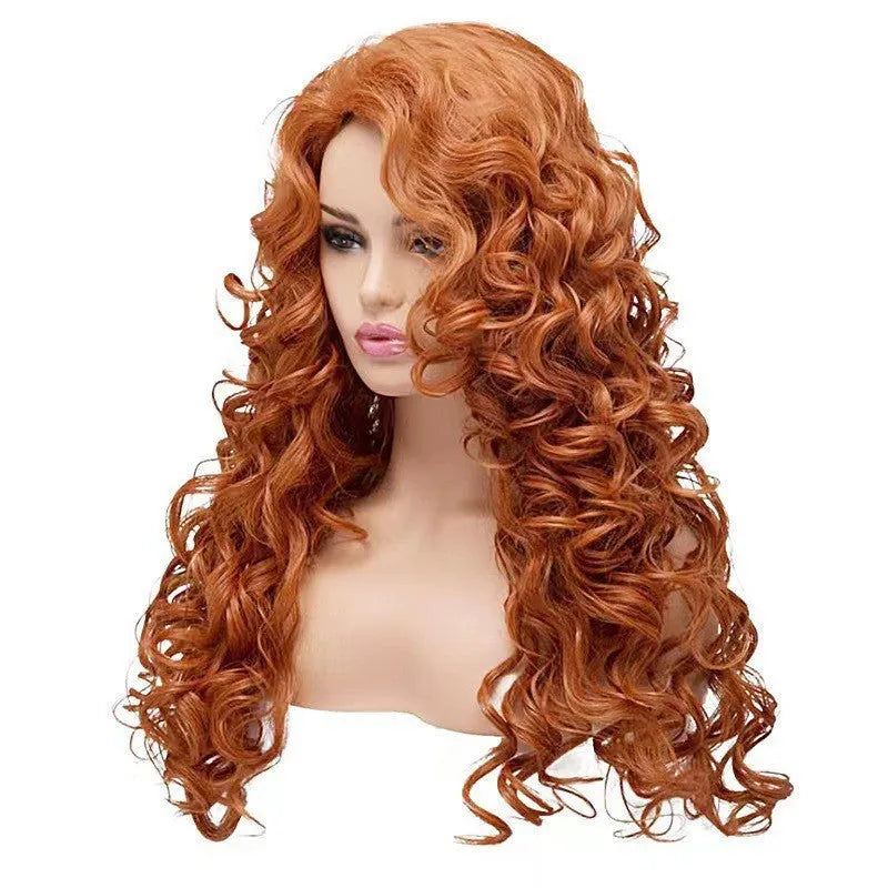Long wavy curly brown synthetic wig with fluffy instant noodles style for cosplay.