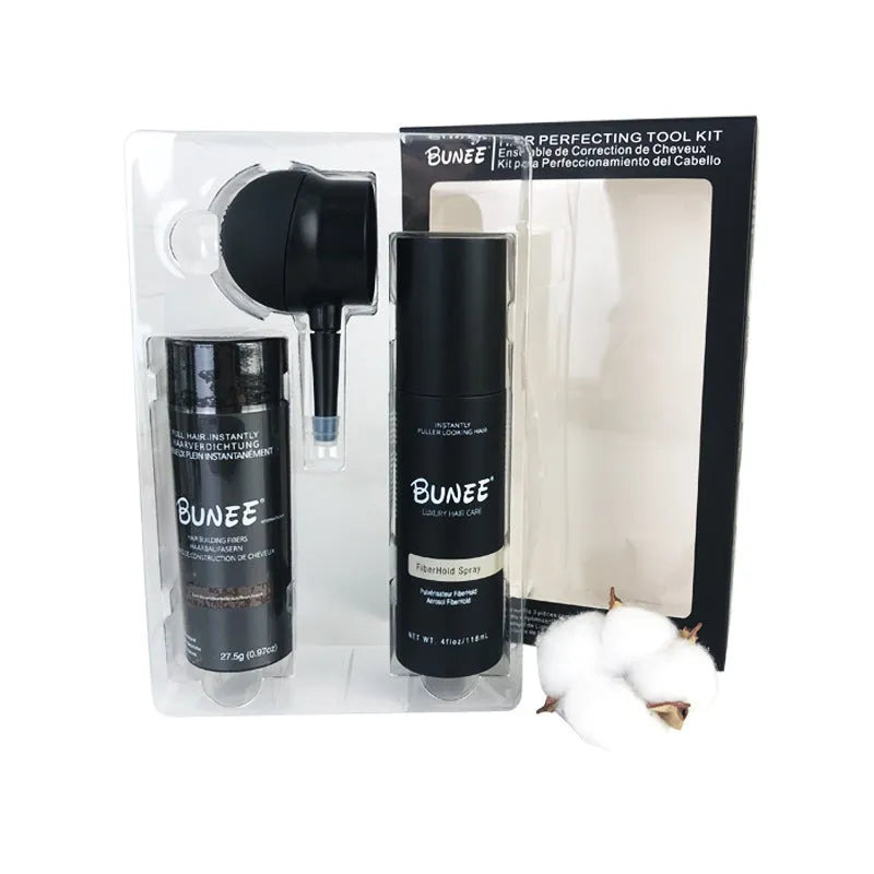 Dense Hair Fibre 275g three-piece set with powder can, applicator nozzle, and shaping spray bottle.