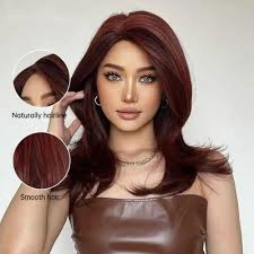 Mid-length synthetic wig with long curly hair, fringe, and platinum gradient colours