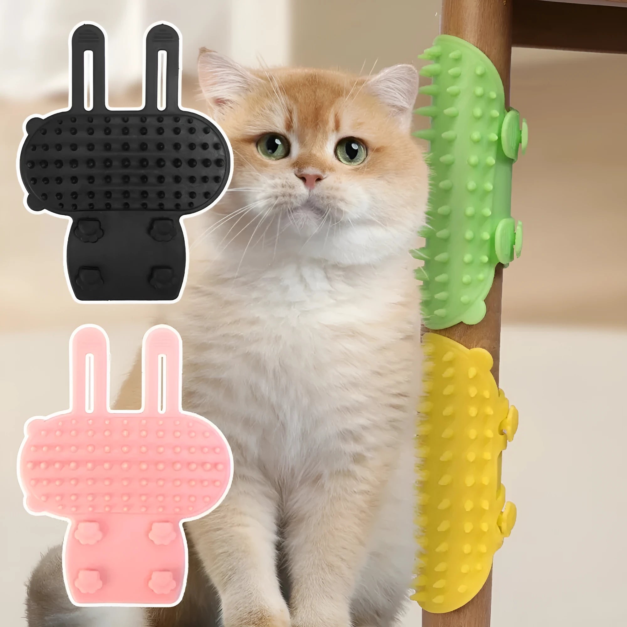 Silicone cat grooming brush mounted on table leg with adjustable strap, available in four colours