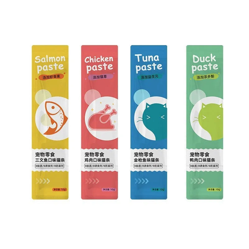 Packet of 10 multi-flavour cat strip snacks for kittens.