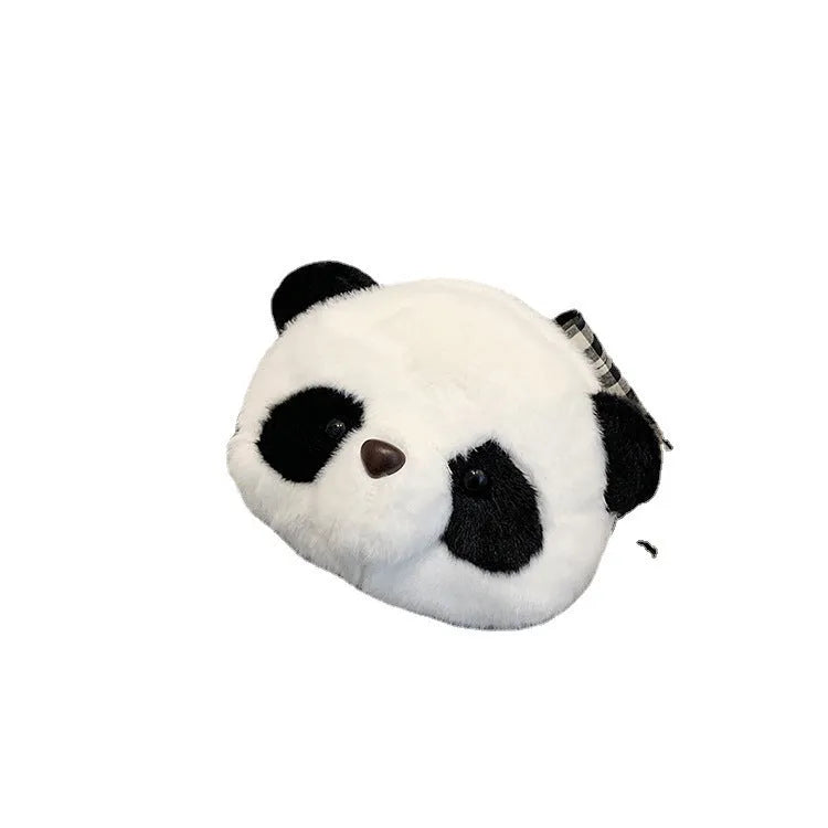 Soft plush cylindrical crossbody bag with panda head design showing 18cm dimensions