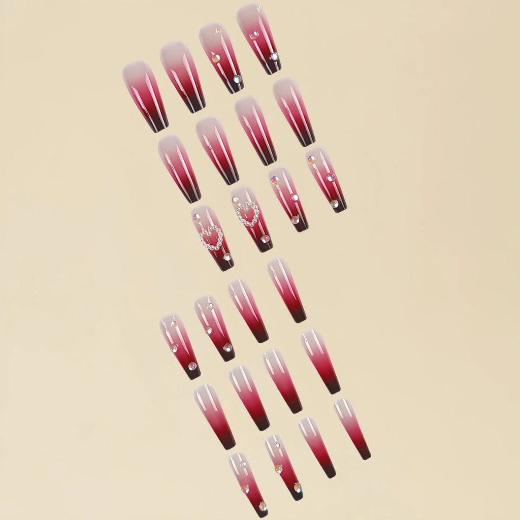 Wine red gradient false nail tips with plaid pattern, jelly glue, and rubbing clause in package