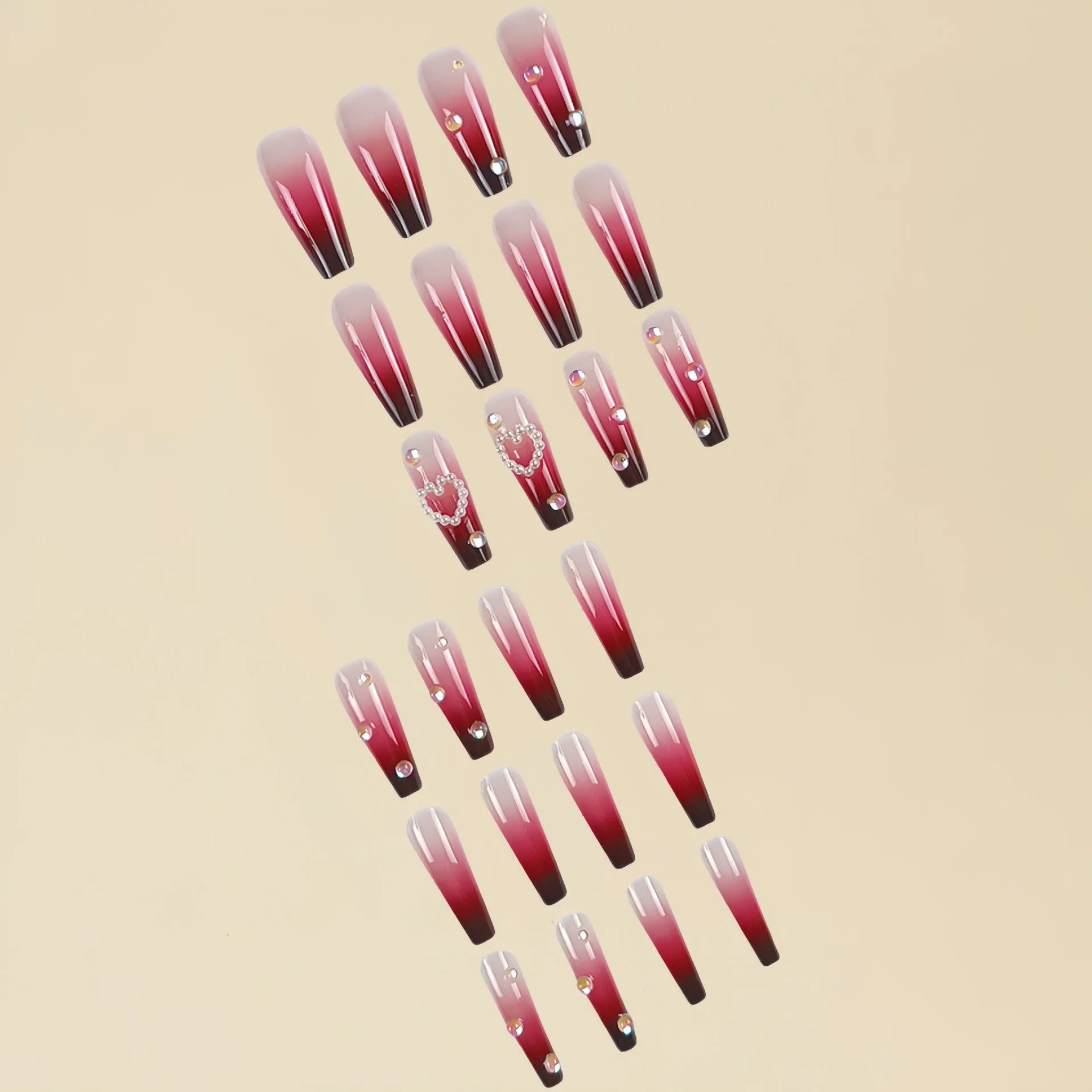 Wine red gradient false nail tips with plaid pattern, jelly glue, and rubbing clause in package