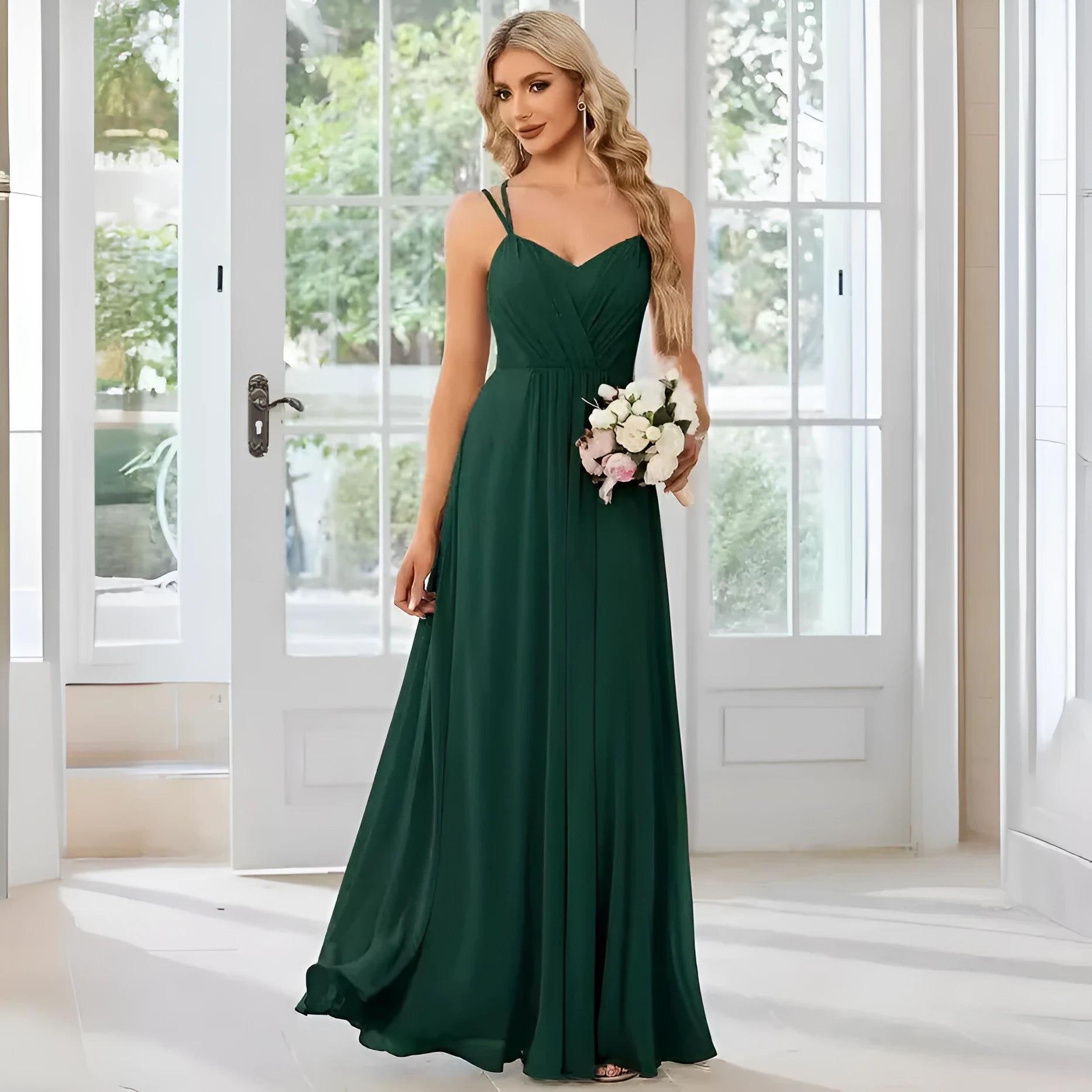 Women's light green sleeveless banquet dress with pleated A-line long skirt on a mannequin.