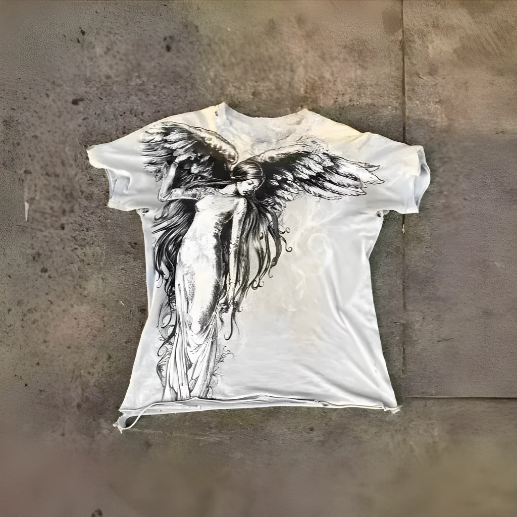 Gothic cartoon print men's short sleeve polyester top in colour HQ929 showing Asian sizing options
