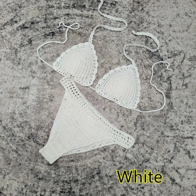 Women's three-piece bikini set with handmade crochet beach skirt in acrylic fabric