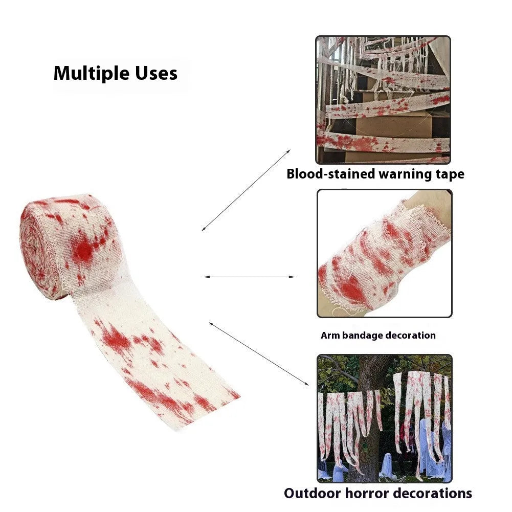 Roll of Halloween horror bandage in bloody red colour with a frayed end, showing its 8cm width and cloth-like polyester texture.
