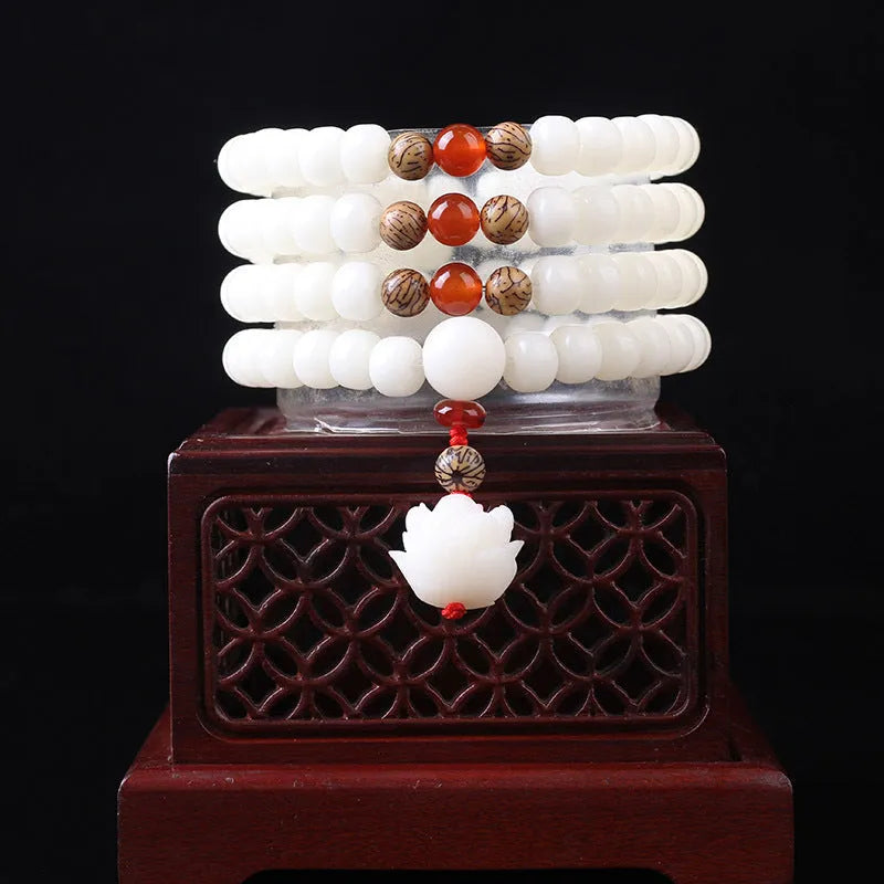 White jade Bodhi bead bracelet with 6x8mm beads in multiple design styles