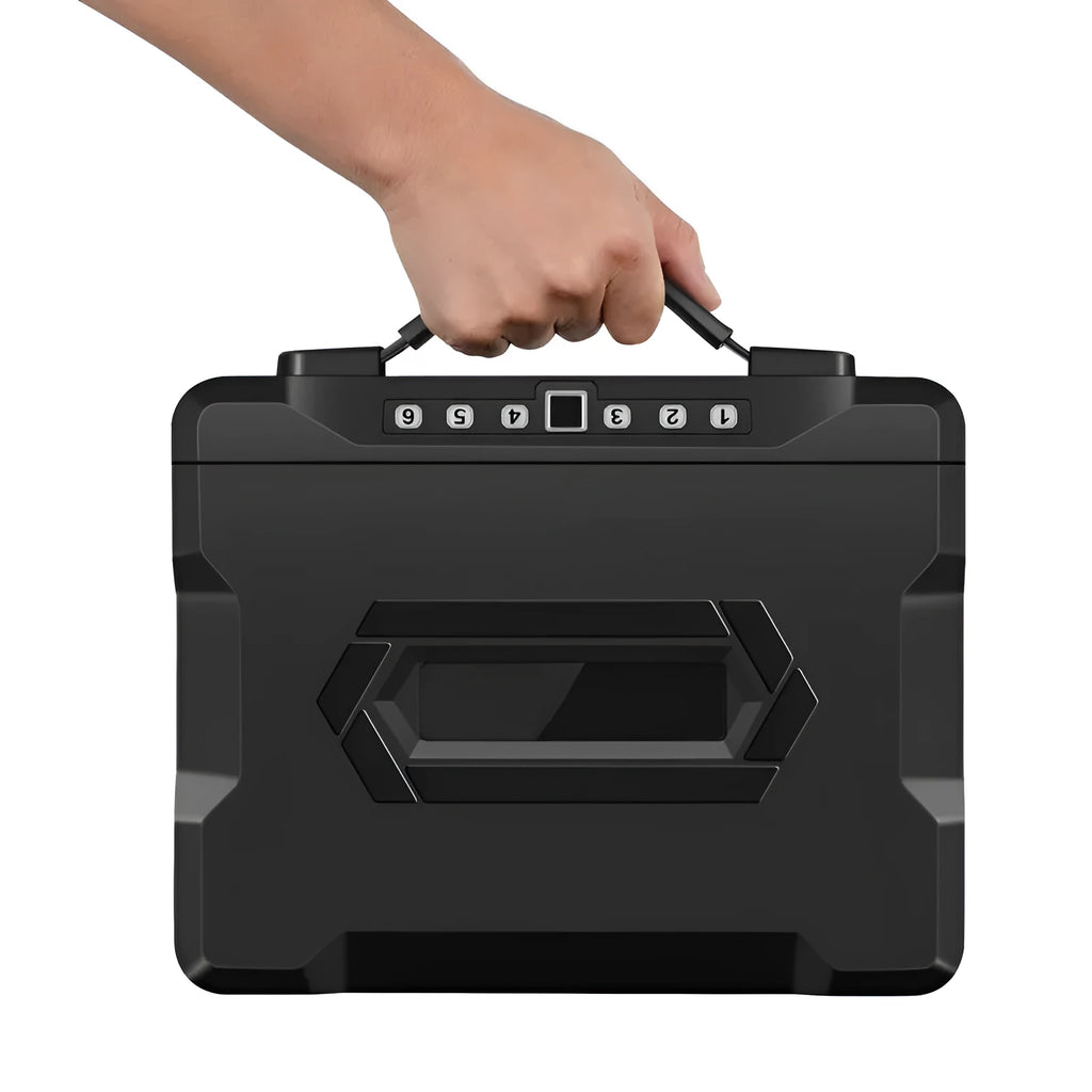 Small black portable safe with mechanical combination dial lock