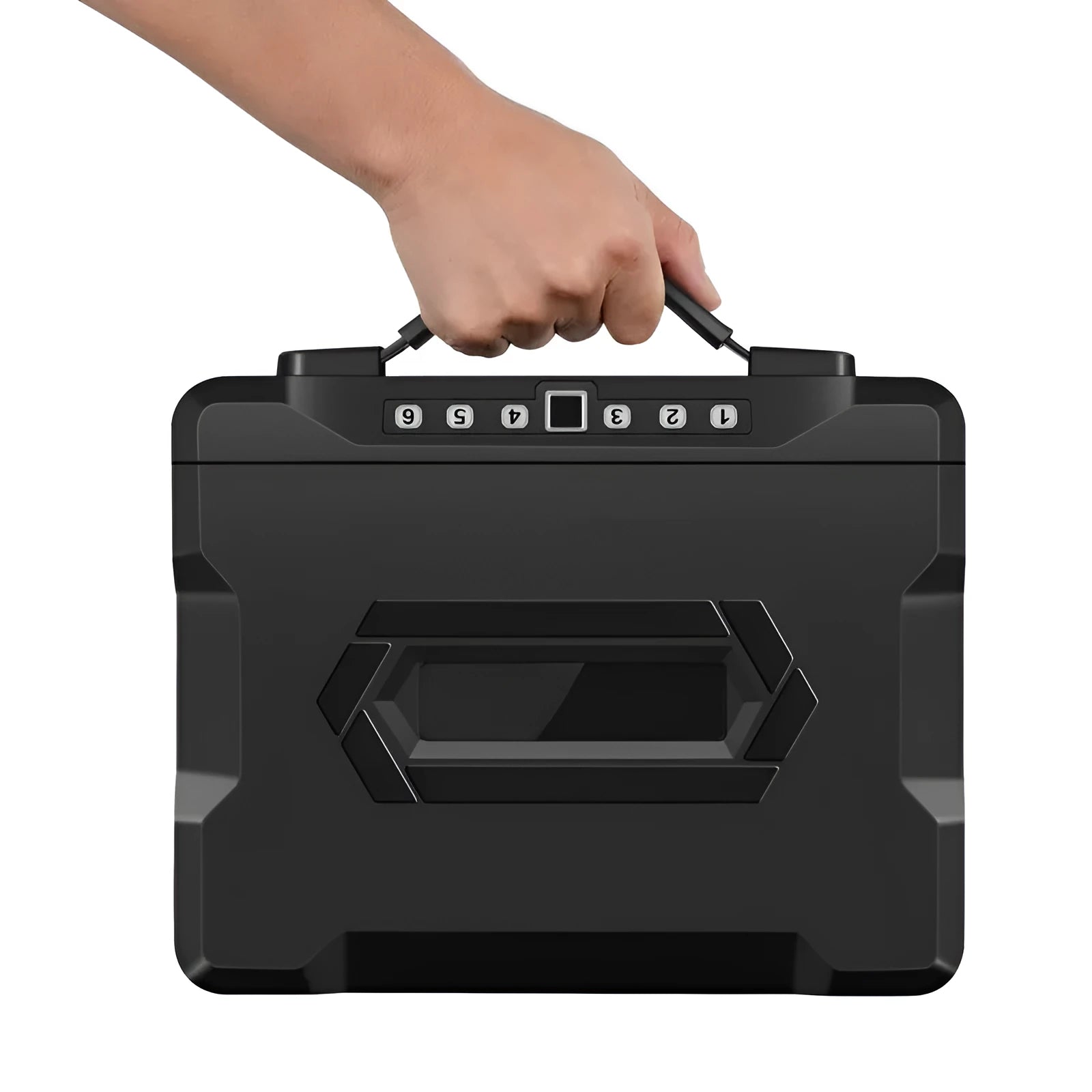 Small black portable safe with mechanical combination dial lock