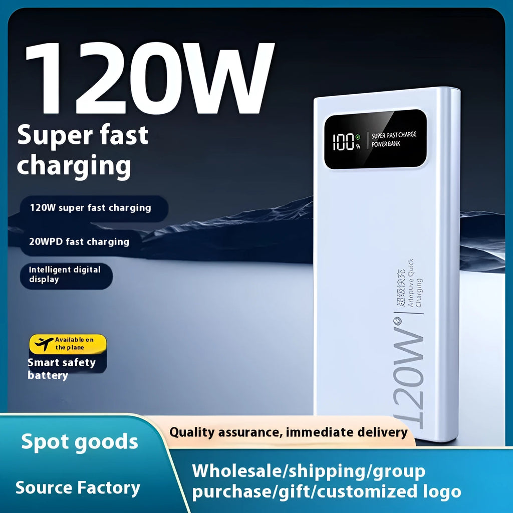 120W 20000 MA super fast charge power bank in cool black, slim plastic case with LED indicator
