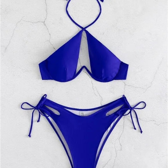 Women's solid colour halter bikini swimsuit in brown, blue or black options