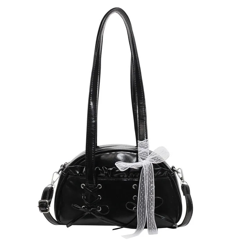 Women's bandage texture bow handbag in PU leather with shoulder strap and phone compartment