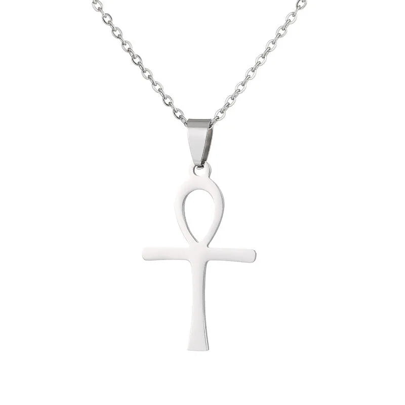 Stainless steel cross necklace on display showing O-shaped chain and pendant in steel colour finish