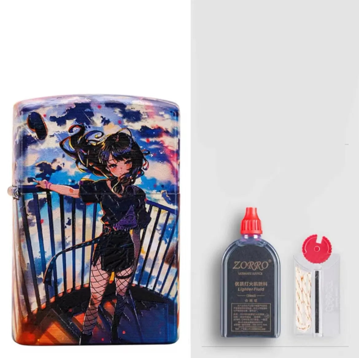 Windproof kerosene lighter with artistic design, steel and copper construction, 58x39x13mm dimensions