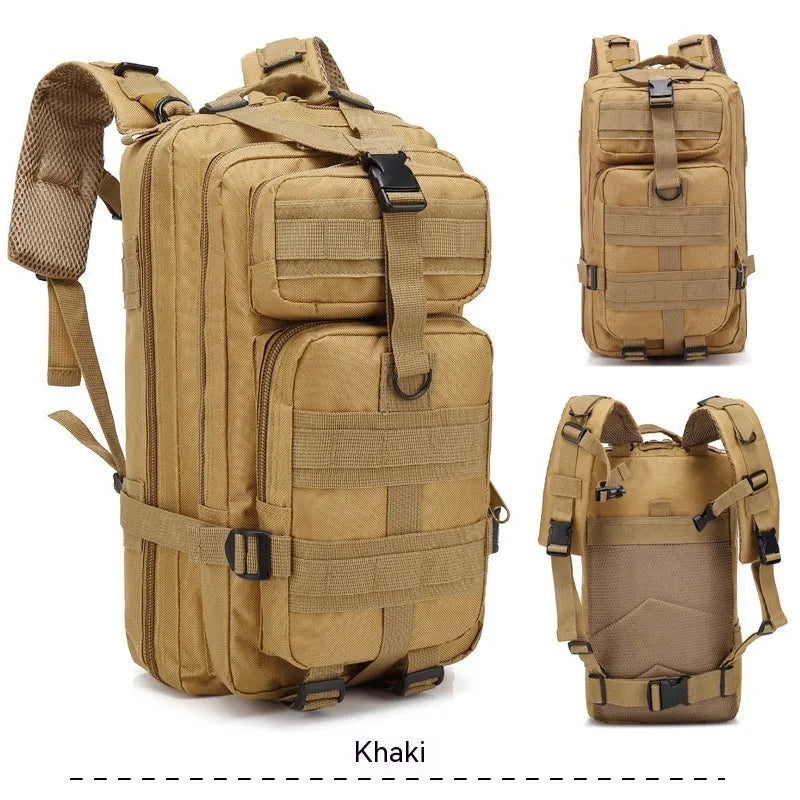 Large khaki hiking backpack with air pillow belt system shown for off-road use.