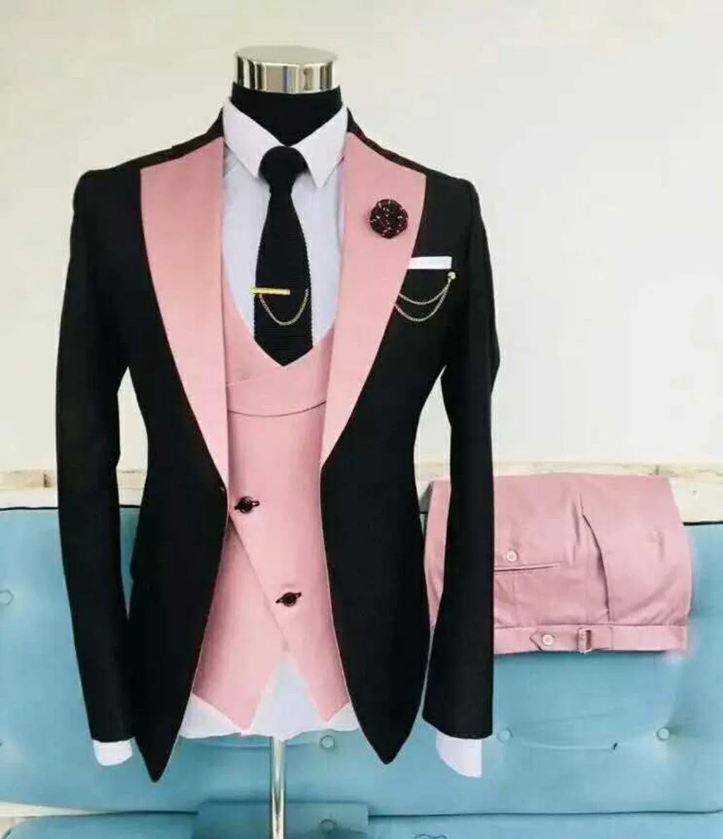 Men's slim fit three-piece business suit in black with vest coat and trousers for formal occasions
