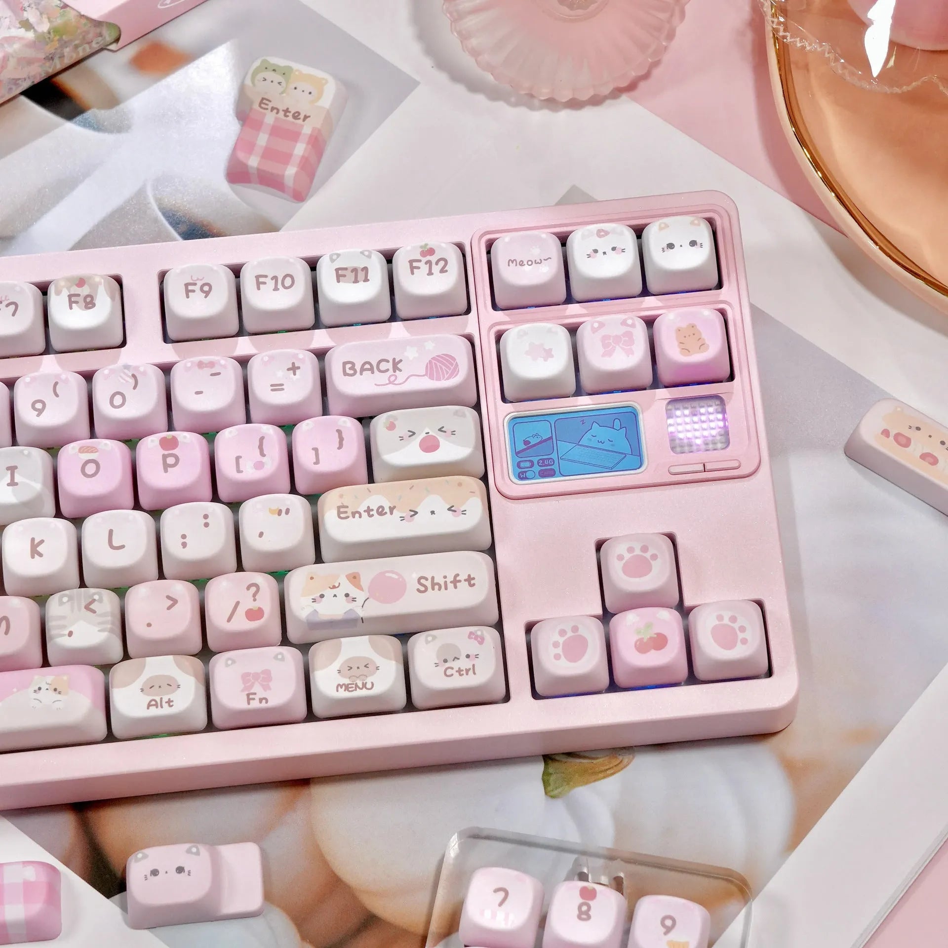MOA height pink plastic keycap set with cartoon design on all five sides