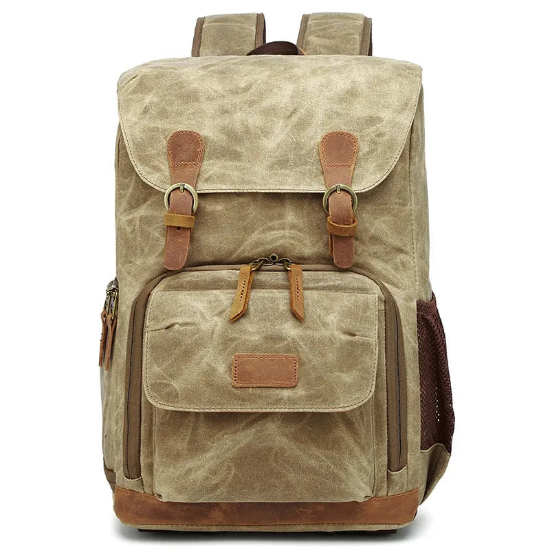 Canvas DSLR camera backpack in khaki colour showing backpack straps and main compartment