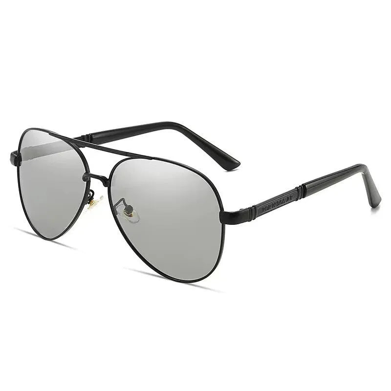Men's metal frame sunglasses with polarised or colour-changing lenses in black, gold, or silver finishes