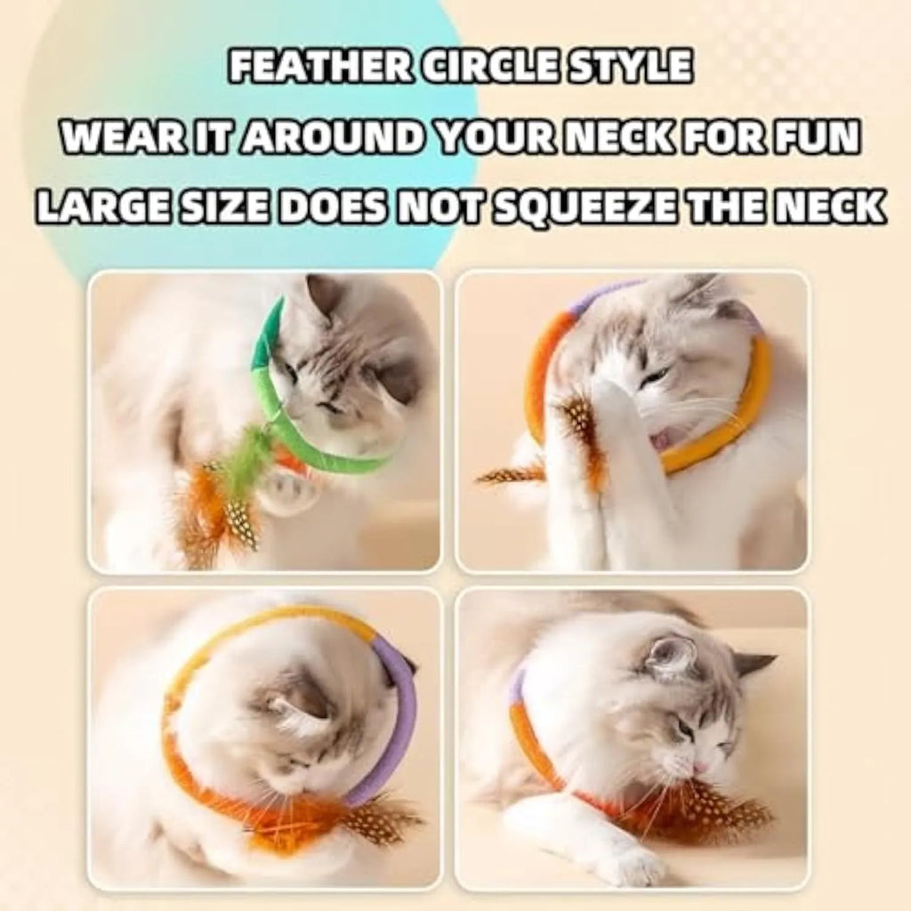 Green circular cotton rope cat toy with white feathers and catnip for chewing and play