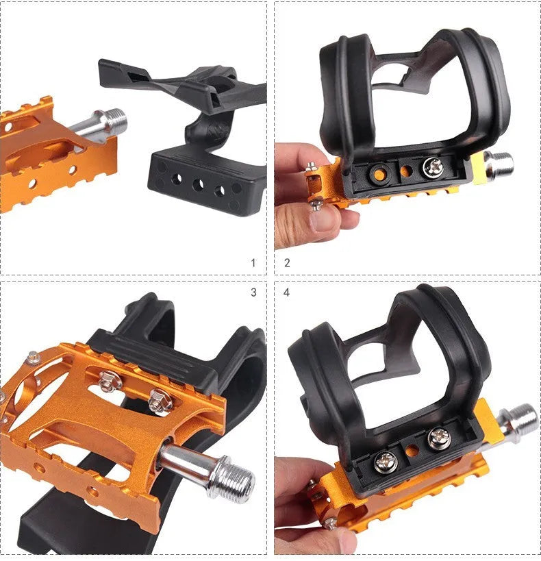 Pair of plastic spinning pedal foot holder covers with lashing straps and metal bolts on a black background