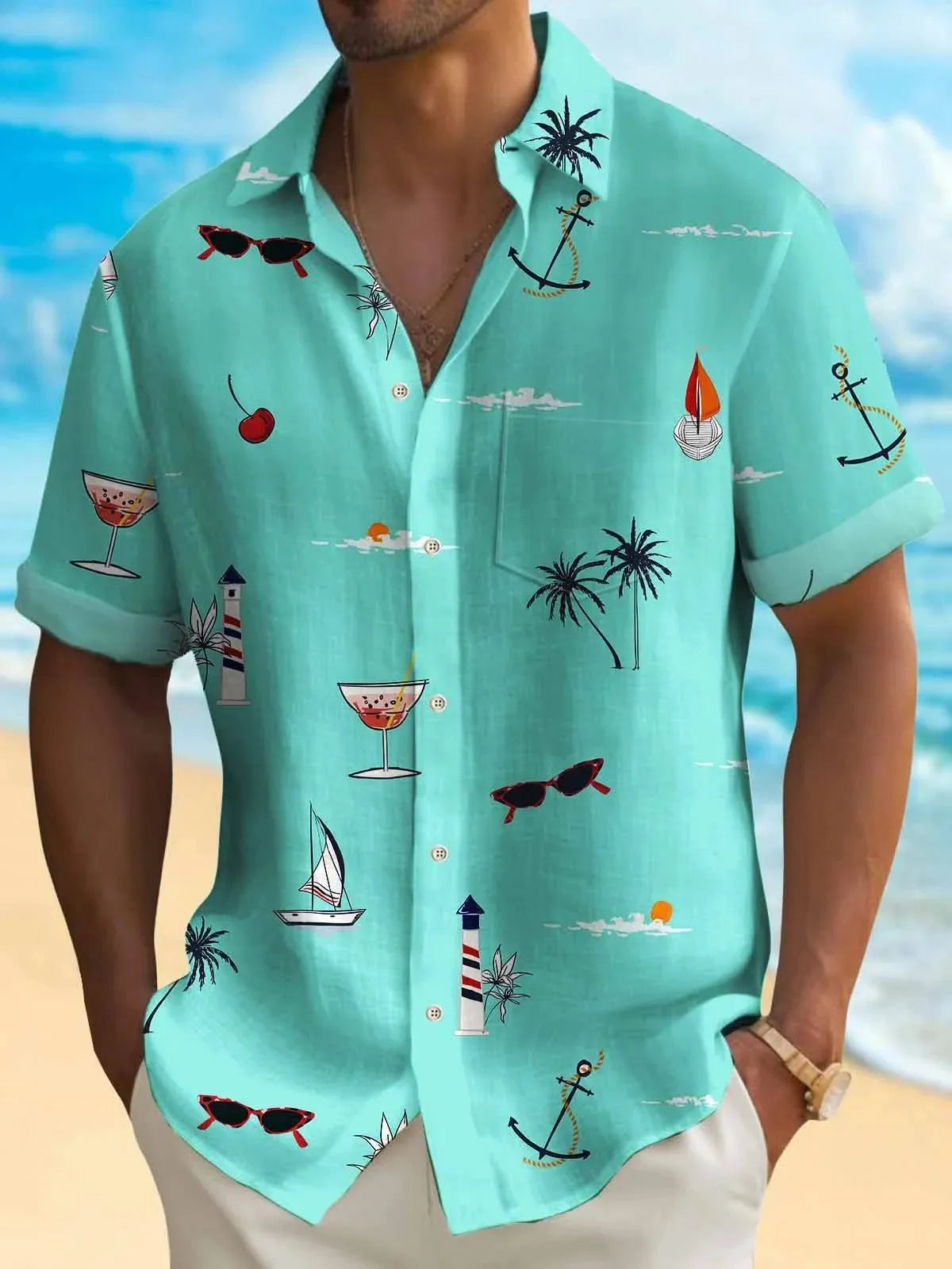 Man wearing a loose-fit, short-sleeve Hawaiian shirt with a colourful digital print pattern.
