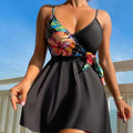 Black women's high waist briefs printed split bikini for swimming and sports activities