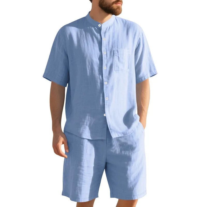Men's linen blend summer suit with Henry collar, short sleeves and matching shorts in army green