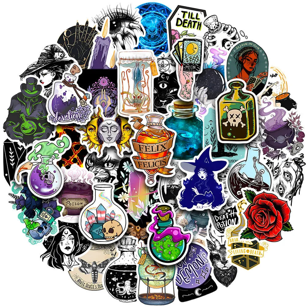 Assorted colourful waterproof PVC stickers for laptops and smooth surfaces, sizes 3 to 8 cm.