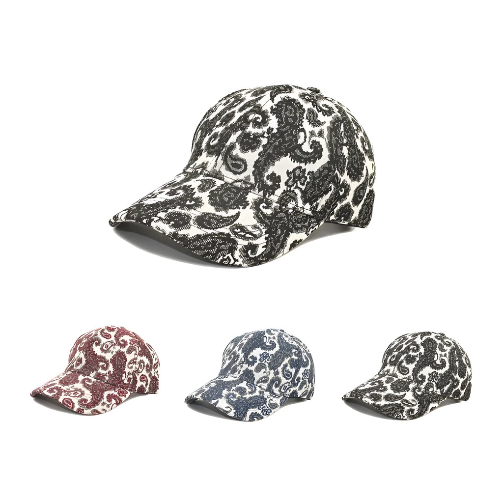 Blue polyester baseball cap with paisley pattern print and dome crown style