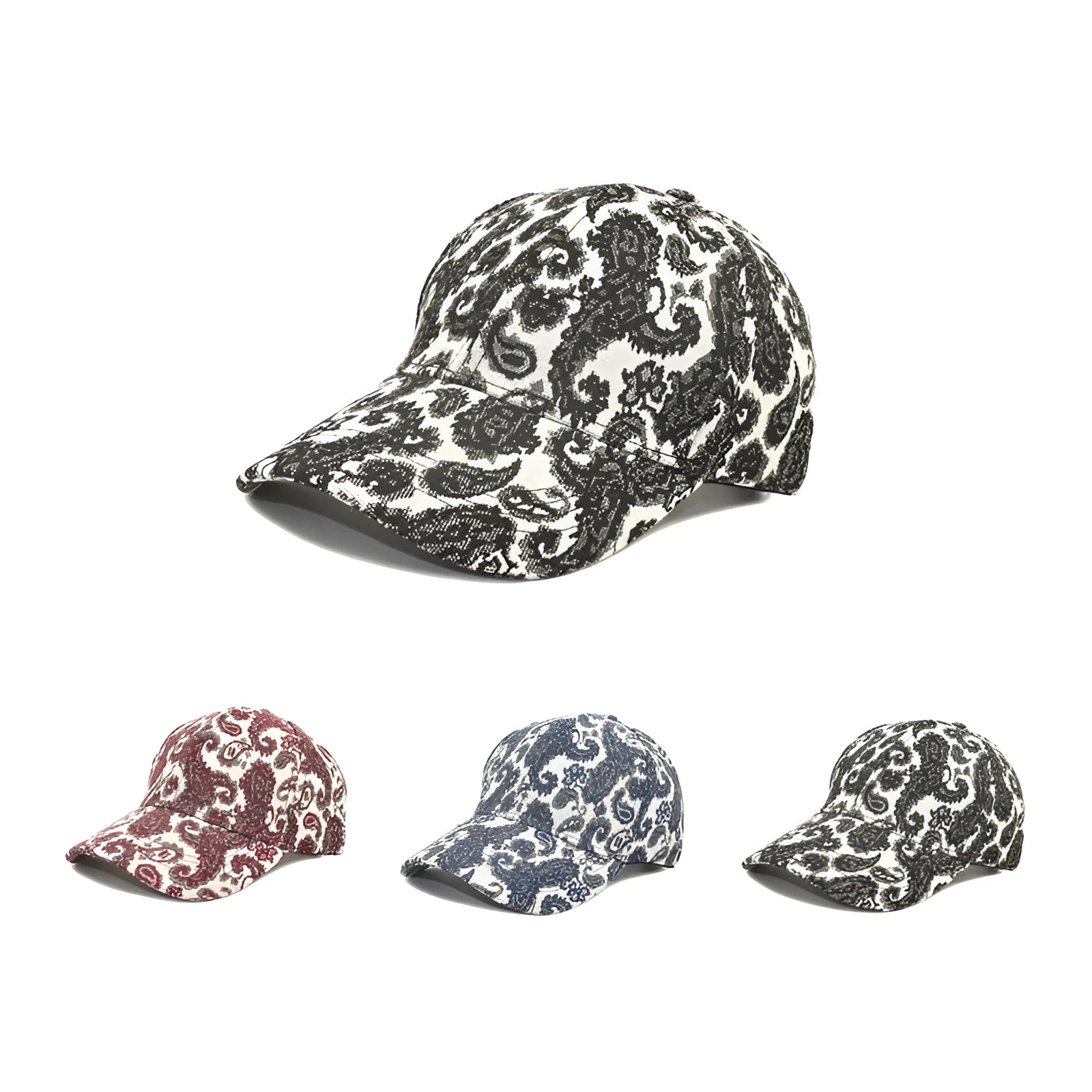 Blue polyester baseball cap with paisley pattern print and dome crown style