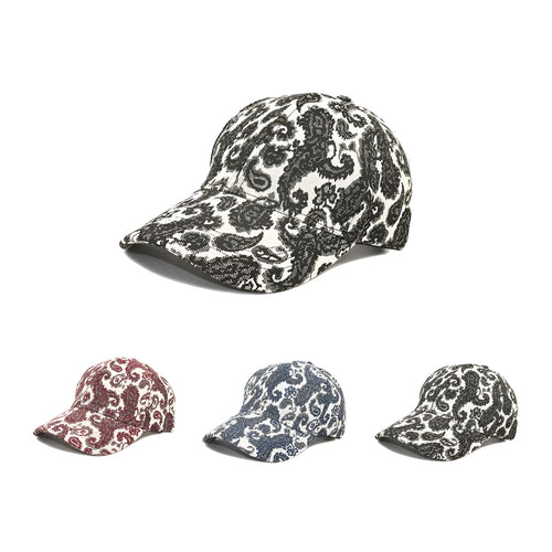 Blue polyester baseball cap with paisley pattern print and dome crown style