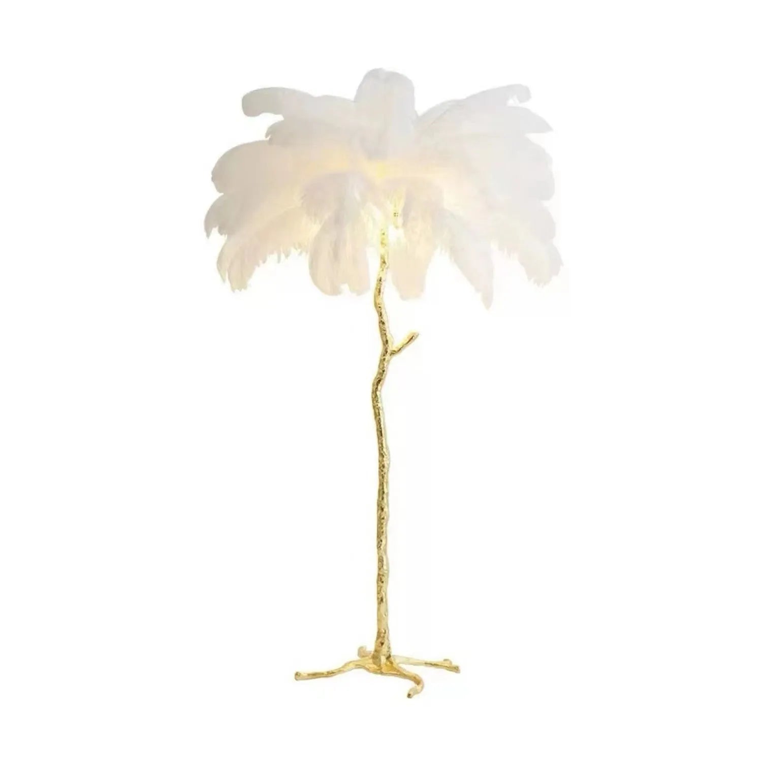 Tall decorative floor lamp with many white resin feathers, standing in a living room corner.