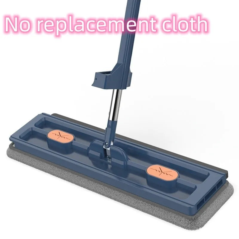 Large flat mop with long stainless steel handle and blue/white cloths on a hard floor.