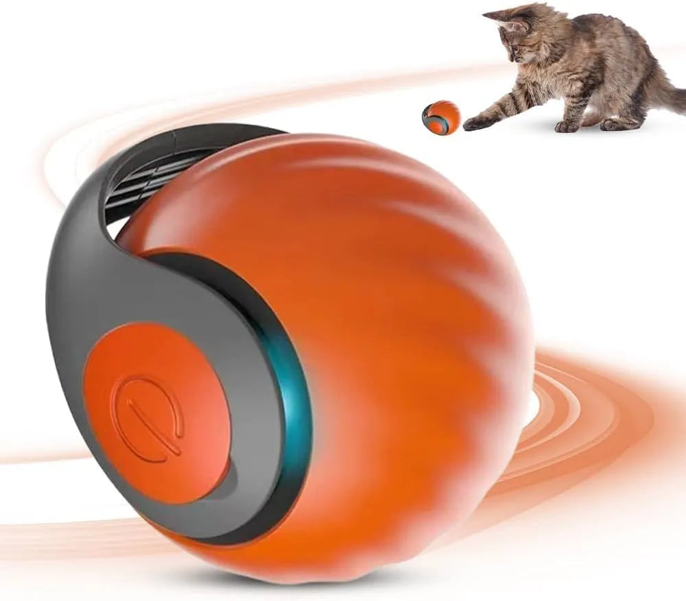 Self-moving cat toy ball in blue on a floor with a cat pawing at it