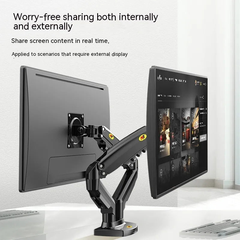Dual screen lift-type monitor bracket made of silver aluminium alloy and black ABS plastic.